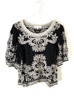 Solitaire Black Embroidered Scoop Neck Top Boho Rayon Blouse